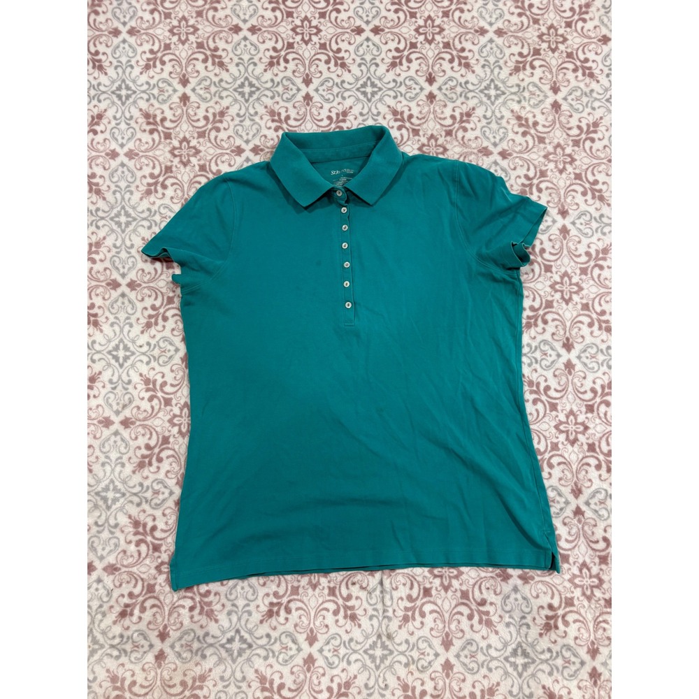 St Johns Bay Womens Teal Green Short Sleeve Pique Polo Shirt Size L
